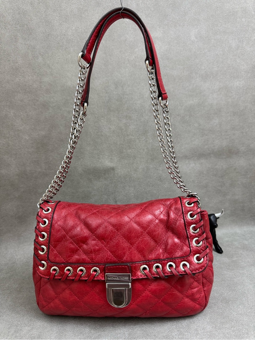 Michael Kors Red Quilted Leather Shoulder Bag with Silver Chain